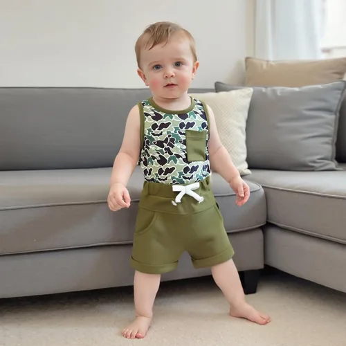 Vista 80 de Ropa de bebé niño sin mangas + pantalones cortos con estampado a rayas con bolsillos, 2 piezas de trajes de verano