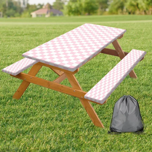Vista 12 de Funda para Mesa de Picnic con Fundas para Bancos y Bolsa, Campista de Madera Impermeable Resistente al Viento, Cubierta de Mantel Ajustada con Borde
