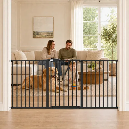 Vista 11 de WAOWAO Triple Lock 49.21-66.54 pulgadas, puerta para bebé extra ancha montada a presión, de paso con bisagra, cierre automático, seguridad de metal