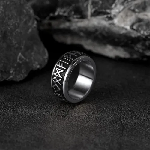 Vista 8 de FaithHeart Anillo giratorio nórdico vikingo con runas de acero inoxidable chapado en oro para hombres y mujeres, puede grabar personalizado