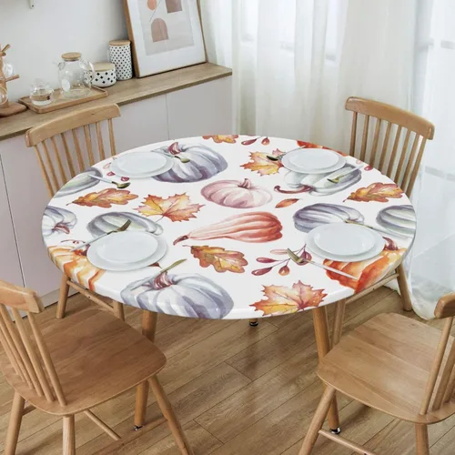 Vista 3 de Mantel elástico redondo con diseño de hojas de calabaza otoñal, con borde ajustable para mesa de 45 a 50 pulgadas de diámetro
