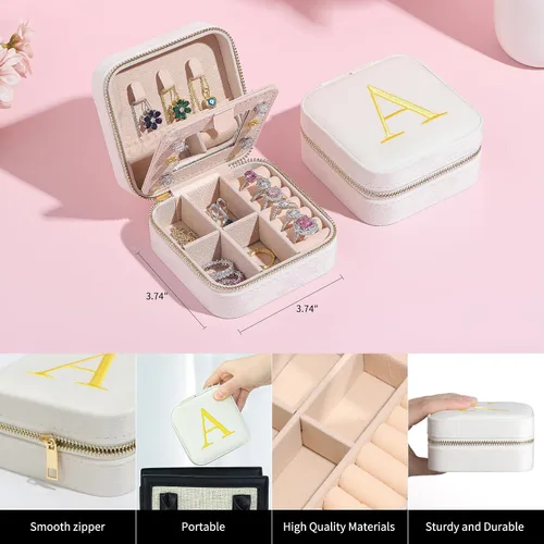Vista 4 de Parima Joyero de viaje personalizado de terciopelo de felpa para mujeres, pequeños joyeros, organizador de joyas, esencial de viaje blanco