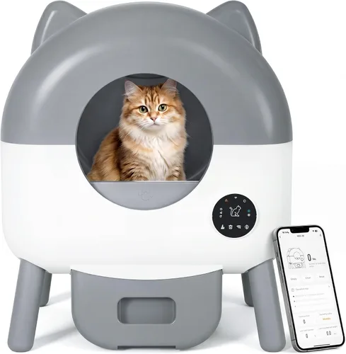 Vista 8 de Greesum Caja de arena automática totalmente cerrada de gran capacidad, 76L, diseño de orejas de gato con bolsas de basura, caja de aroma y cepillo