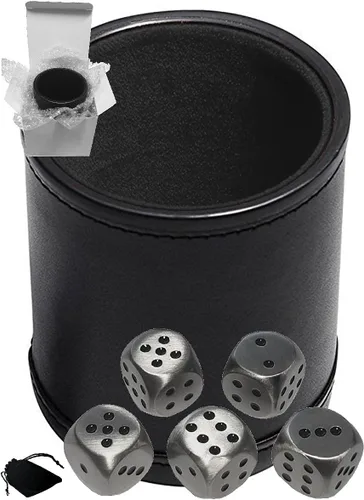 Vista 13 de Cyber-Deals Juego de dados de piel sintética negra con forro de fieltro negro de felpa + dados de metal de aleación de zinc de 0.630 pulgadas, caja