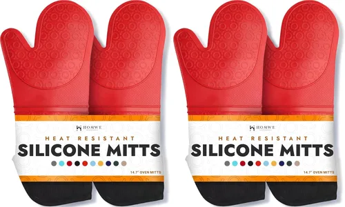 Vista 20 de HOMWE - Manopla de horno profesional y extralarga de silicona, guantes con forro acolchado, agarraderas resistentes al calor, guantes flexibles