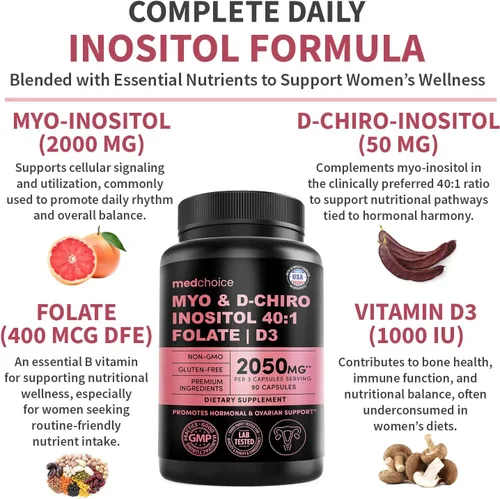 Vista 3 de Myo-inositol 40:1 para mujeres – Suplemento de inositol con mio y D-Chiro inositol, folato y vitamina D3 – Cápsulas veganas para rutina diaria