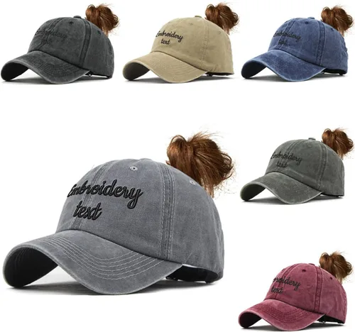 Vista 2 de Gorra de béisbol bordada personalizada para mujer, diseño amigable con cola de caballo, sombrero de sol de algodón lavado, gorra de protección solar