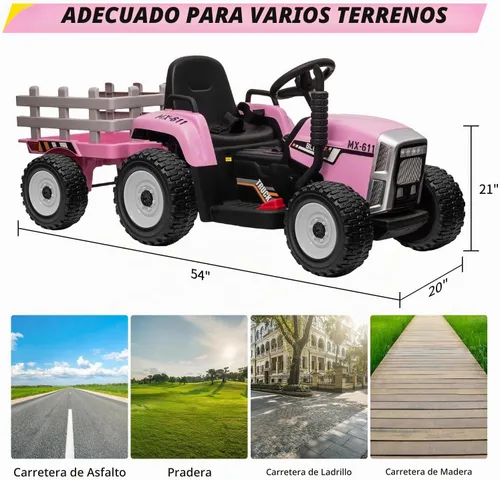 Vista 6 de Nasitip Tractor eléctrico con batería de 12 V con remolque y control remoto Rosa