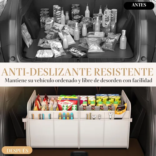 Vista 5 de titiyiof Organizador de maletero para SUV y sedán, organizadores y almacenamiento de automóvil, correas plegables y ajustables, organización Beige