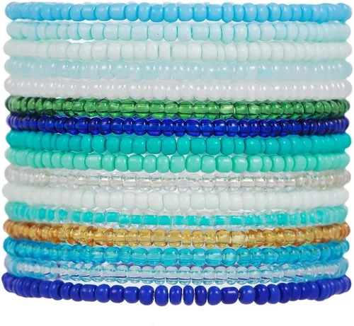 Vista 6 de Caiyao Juego de 36 pulseras elásticas coloridas con cuentas de semillas bohemias, multicapa, de arcoíris, pulsera elástica con cuentas de cristal