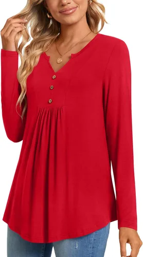 Vista 3 de CATHY Blusa tipo túnica de manga larga para mujer, cuello en V, con botones, informal, plisada, básica