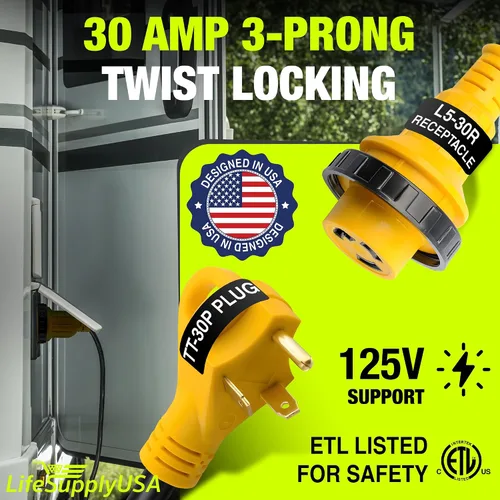 Vista 3 de Cable de extensión RV de 15 pies de 30 amperios (TT-30P/L5-30R) con conector de bloqueo giratorio y mango de fácil agarre, 10/3 AWG 125 voltios