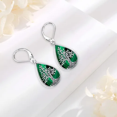 Vista 149 de Aretes colgantes de plata de ley con diseño de árbol de la vida, flor, abeja, animales, gato, colibrí, piedra lunar, turquesa, aretes con cierre