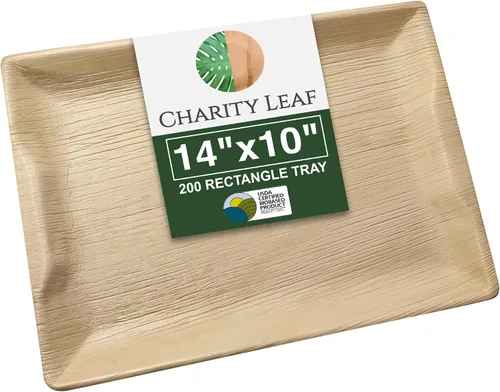 Vista 10 de Charity Leaf Bandejas desechables de hoja de palma de 14" x 10" (10 piezas) Platos para servir tipo bambú, tablas desechables, vajilla ecológica