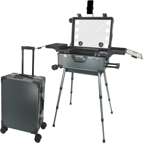Vista 11 de Estuche de maquillaje rodante con espejo de luz LED, patas ajustables, mesa de tren con cerradura, estudio, artista, cosmética, tamaño de mano