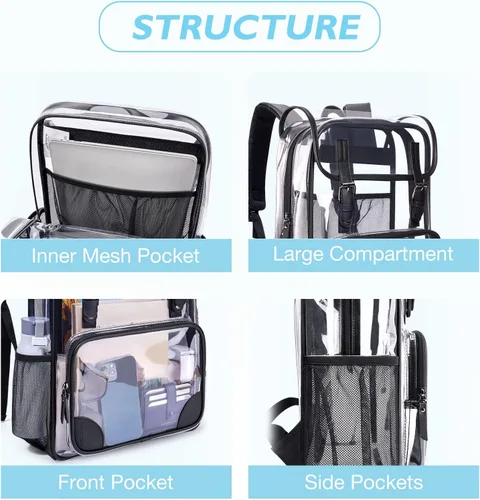 Vista 4 de mommore Mochila transparente resistente, grande, transparente, para escuela, PVC, aprobada para estadios, mochila transparente