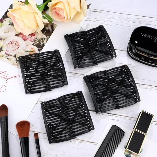 Vista 7 de 4 pinzas elásticas ajustables para el cabello, sin pliegues, para mujer, rizado, grueso, ondulado, color negro sólido, 4 piezas