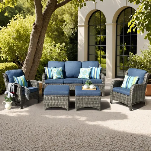 Vista 6 de Juego de muebles de exterior para patio, silla y sofá (ratán marrón, beige, 3 piezas)