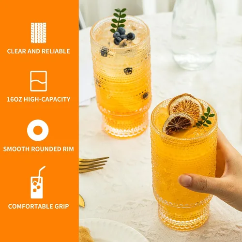 Vista 7 de KEMORELA - Juego de vasos elegantes de alta copa - Vasos XL de 16 oz - Bebidas mixtas, café helado, cerveza, jugo, agua - Diseños de nudos y cuentas
