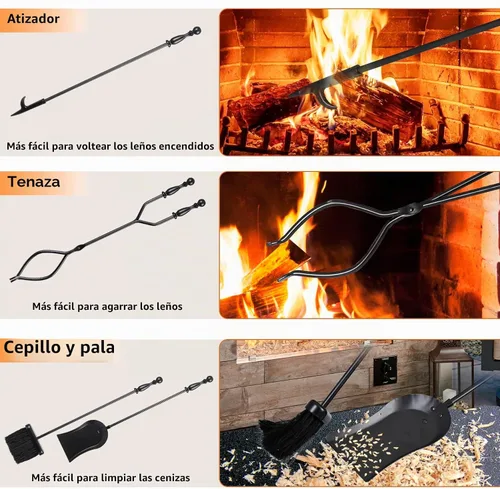 Vista 5 de JupiterForce Juego de 5 Piezas de Herramientas para Chimenea para Interiores y Exteriores de Hierro Forjado, Juego Grande de Herramientas