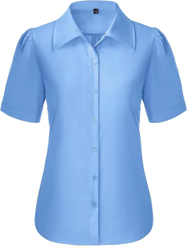 Vista 24 de Gleeivy Camisas de botones para mujer de manga corta abombada, camisas de vestir abotonadas con cuello ajustado, blusa superior de trabajo