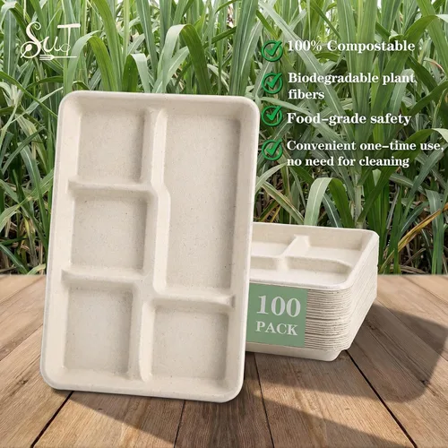 Vista 2 de SUT Paquete de 100 platos compostables naturales sin blanquear con 5 compartimentos, bandejas de papel desechables de 12.5 x 8.6 pulgadas, platos