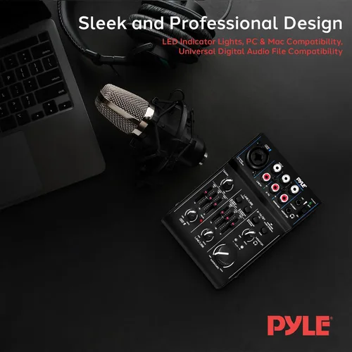 Vista 7 de Pyle Mezclador de audio Bluetooth de 3 canales - Controlador de sonido DJ e interfaz de tarjeta de sonido USB para grabación de PC, entrada XLR