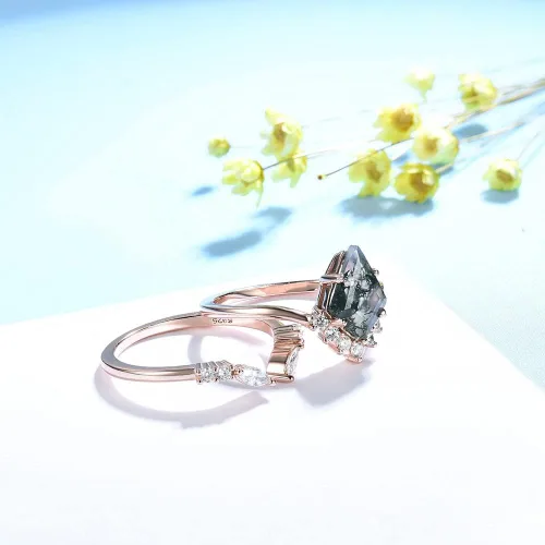 Vista 4 de Anillo de plata de ley 925 con piedra preciosa de musgo natural para mujer, corte de cometa, juego de anillos de compromiso de plata 925, Plata