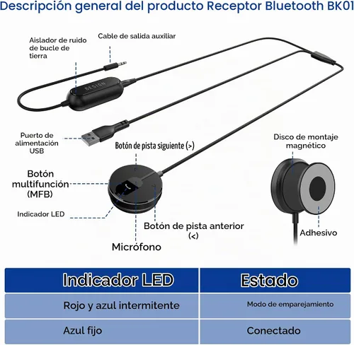 Vista 2 de BESIGN BK01 Kit Bluetooth para coche, receptor auxiliar inalámbrico para llamadas manos libres y transmisión de música con filtro de ruido de bucle