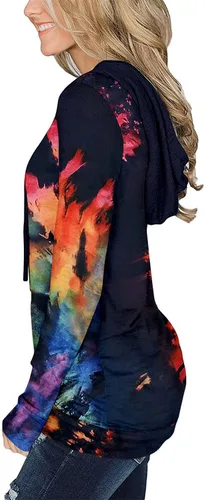 Vista 2 de MODARANI - Sudadera con capucha para mujer, estilo casual, con bolsillos tipo canguro, estampado floral, teñido anudado