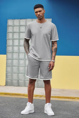 Vista 24 de COOFANDY Conjunto de camisa y pantalones cortos de gofre para hombre, conjunto de 2 piezas, conjunto casual de verano con bolsillos