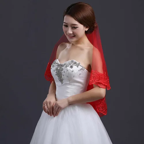 Vista 2 de ZEALMAX Diadema clásica roja para novia velo de boda velo de encaje largo simple translúcido para mujer Rojo