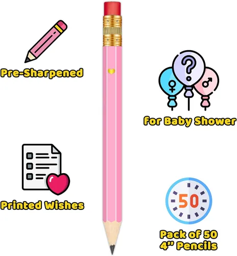 Vista 3 de 50 unidades – Lápices afilados para baby shower con borradores, lápices preafilados para juegos de baby shower, 4 pulgadas
