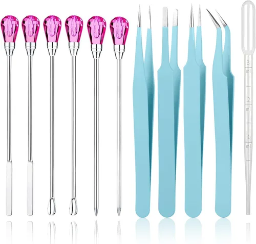 Vista 11 de Juego de 11 herramientas de moldes de resina de silicona, agujas para agitar, cuchara, herramientas de precisión, juego de pinzas electrónicas