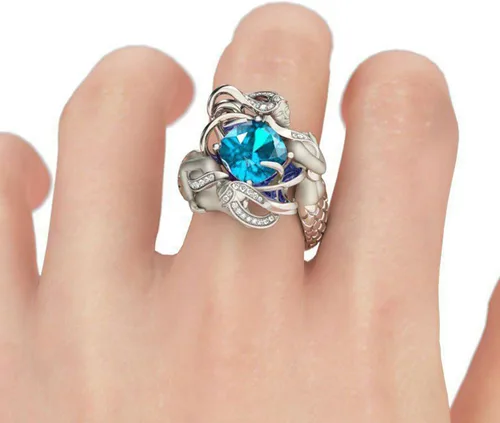 Vista 4 de Jeulia Anillo de sirena de plata de ley con diamantes de imitación de corte redondo y diseño de cuento de hadas, elegante anillo de compromiso