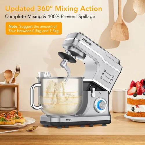 Vista 7 de Batidora de pie de 7.5QT, mezclador eléctrico de cocina de cabeza Plateado
