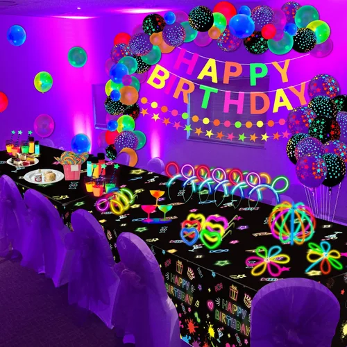 Vista 9 de Paquete de 173 suministros de fiesta de neón brillante, palillos brillantes, decoraciones de fiesta, juego de decoración reactiva con luz negra