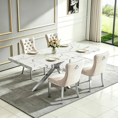 Vista 19 de Henf Mesa de comedor de mármol sintético blanco de 70 pulgadas para 4-6 personas, mesa de cocina rectangular moderna con mesa de mármol sintético