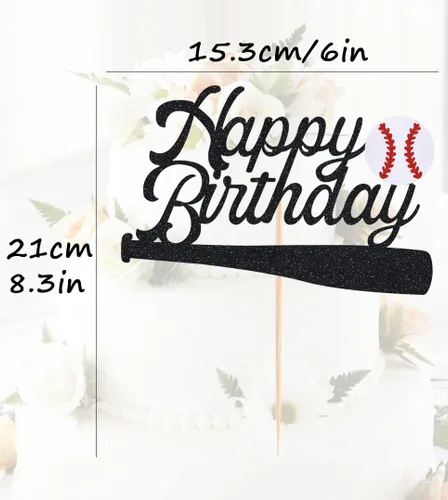 Vista 3 de Decoración para pastel de béisbol de feliz cumpleaños, suministros de decoración de fiesta de béisbol con purpurina negra, perfecto para cumpleaños