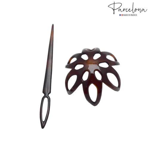 Vista 5 de Parcelona French Fleur - Pasador deslizante de pelo de 3 pulgadas con forma de concha de tortuga pequeña, pasador a través del moño, tapa de cola