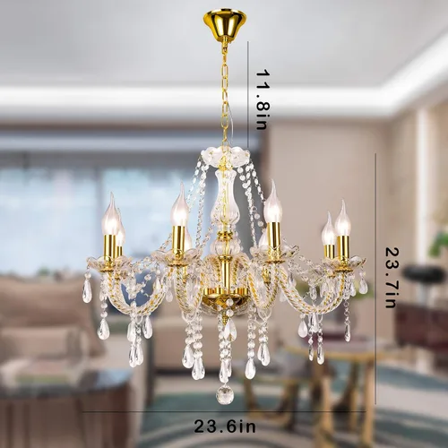 Vista 3 de Candelabro de cristal de lujo de color dorado, 8 luces K9, moderno candelabro de cristal para comedor, lámpara colgante de techo de vidrio para sala