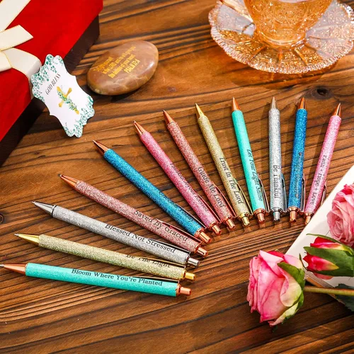 Vista 2 de Jeyiour 12 bolígrafos divertidos para adultos, elegantes inspiracionales con purpurina con mensajes motivacionales, bolígrafos bonitos para oficina