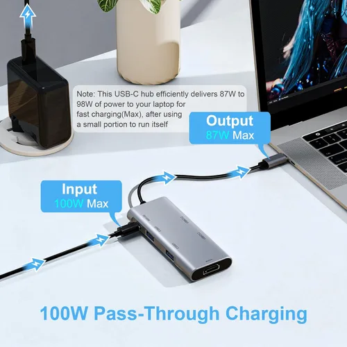 Vista 5 de Concentrador USB C 6 en 1, adaptador multipuerto HDMI USB-C 4K 4K @60Hz HDMI, 2 USB-C y 2 USB-A 10Gbps, 100W PD, botón de privacidad