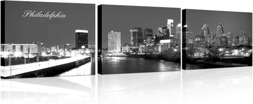 Vista 38 de TUMOVO 3 piezas de arte de pared en lienzo con diseño de horizonte de Atlanta, arte de pared panorámico de paisaje urbano en blanco y negro