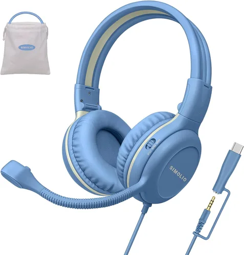 Vista 12 de SIMOLIO Audífonos para niños con micrófono para la escuela, auriculares con cable de 75/85/94 dB con micrófono retráctil para iPad, PC, laptop