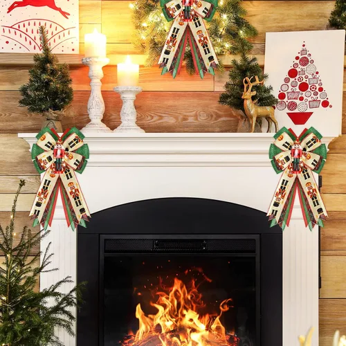 Vista 7 de Whaline Corona de Navidad, lazo de arpillera de cascanueces rojo y verde con colgante, adorno de árbol de Navidad, adornos de regalo