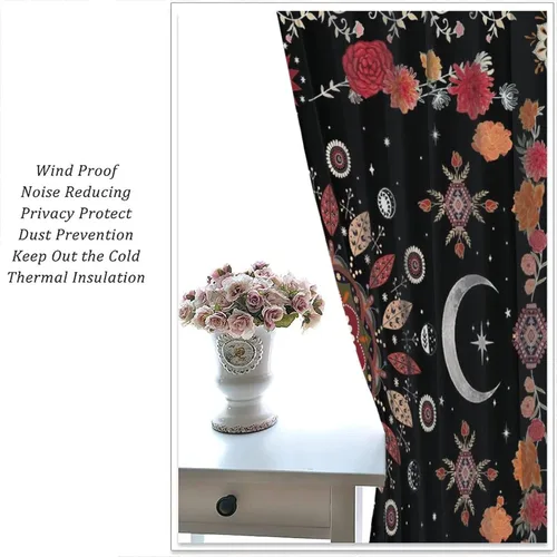 Vista 6 de Cortinas bohemias de fases lunares con diseño de mandala rojo y negro, bohemio, floral, gótico, iluminado por la luna, juego de 2 paneles para Luna