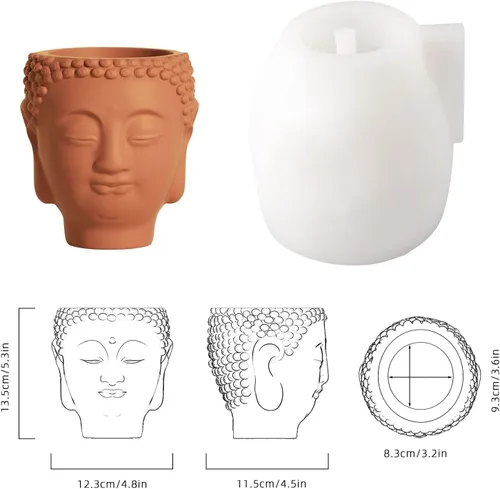 Vista 2 de BOOWAN NICOLE Molde de silicona para maceta de Buda de concreto, molde de cabeza de Buda para hacer velas, decoración, maceta