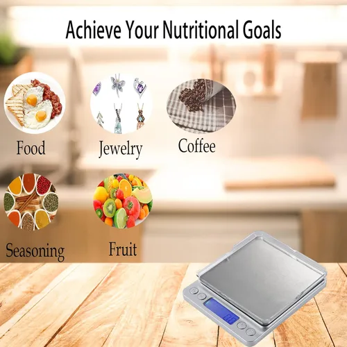 Vista 2 de Báscula de cocina digital para alimentos, gramos y onzas para cocinar, hornear, café, dieta de pérdidas, preparación de joyas y comidas, 2 bandejas