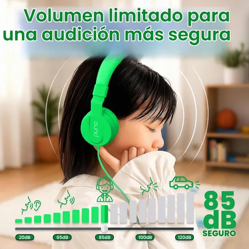 Vista 2 de Puro Sound Labs - Kids Headphones, Volume-Limiting 85dB, PuroBasic, Green Verde